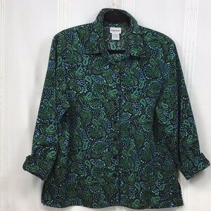 🦚VTG BonWorth Petite Black Teal Paisley Long Sleeve Blouse